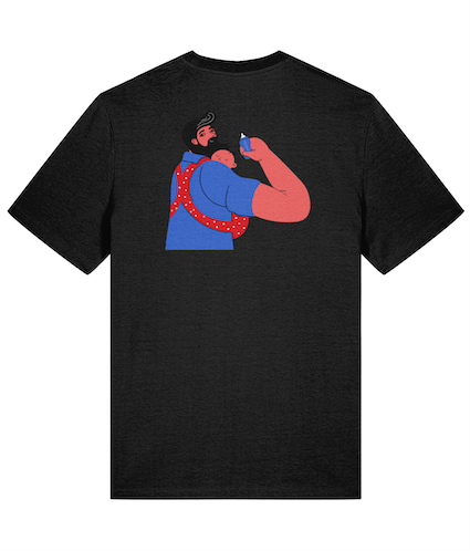 Black T-shirt featuring a cartoon man holds a baby in a baby carrier and a baby bottle, showcasing equality in parenting.