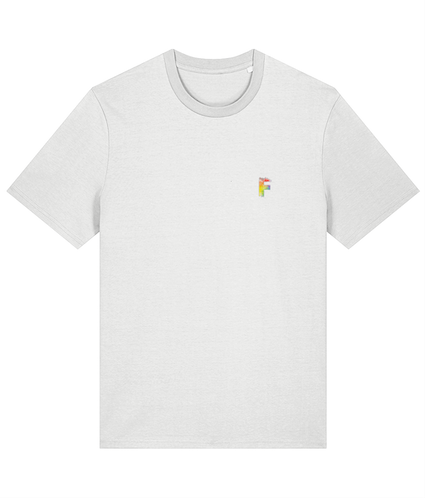 A white t-shirt featuring a colorful rainbow logo with the letter &#39;F&#39; for feminism on the front.