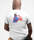  A man in a white t-shirt featuring a cartoon of a dad holding a bay and a baby bottle, inspired by the "We Can Do It" poster.