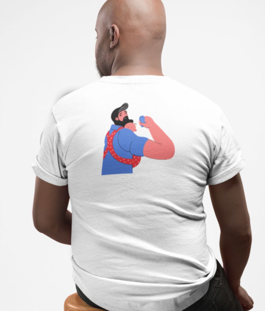 A man in a white t-shirt featuring a cartoon of a dad holding a bay and a baby bottle, inspired by the "We Can Do It" poster.