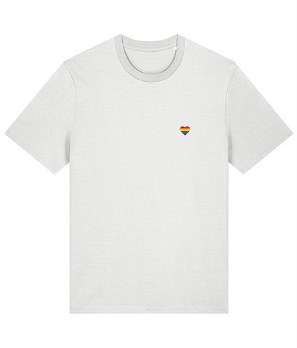A white t-shirt featuring a colorful rainbow heart on the chest, celebrating pride and inclusivity.