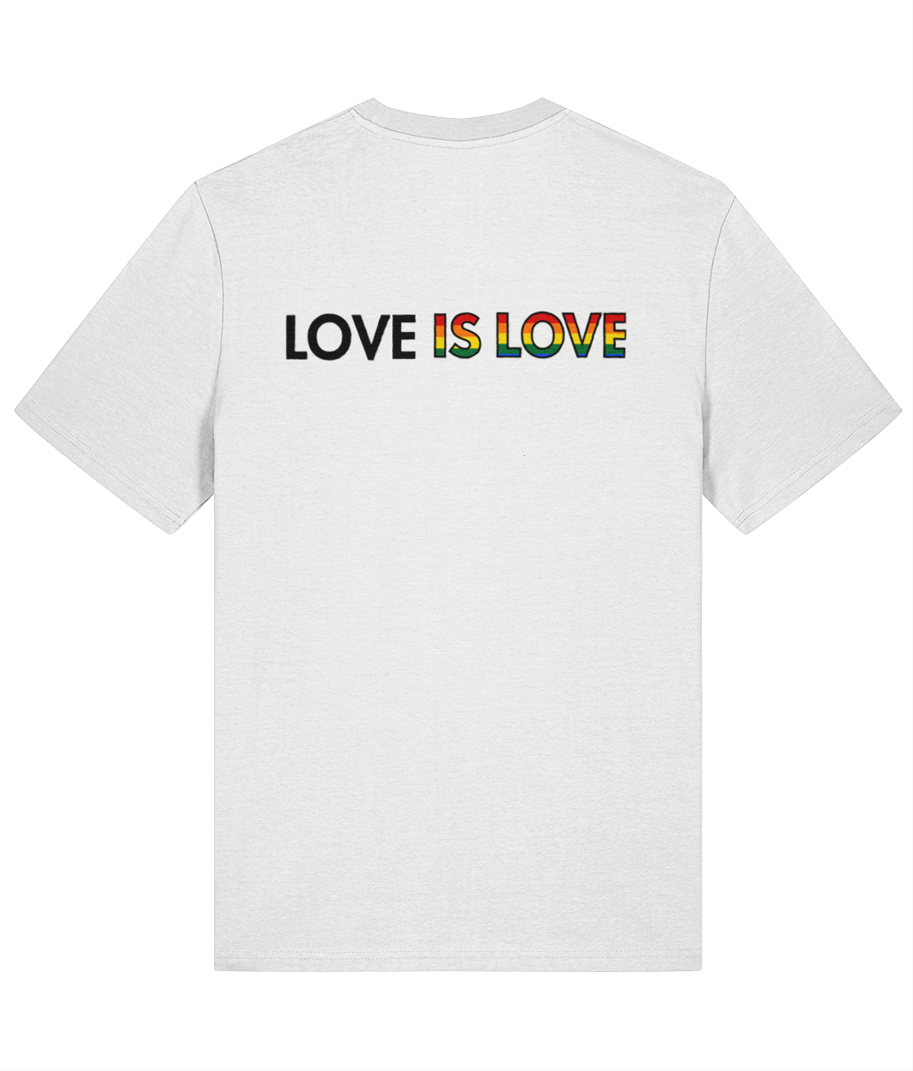 A white T Shirt displays a phrase &quot;love is love,&quot; symbolizing support for LGBTQ+ rights.
