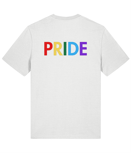 White pride t-shirt featuring vibrant &quot;PRIDE&quot; rainbow lettering celebrating diversity and inclusion.