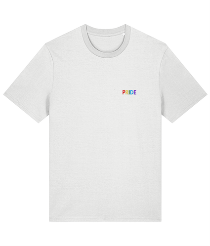 A white t-shirt featuring the word &quot;pride&quot; printed in bold colourful letters.
