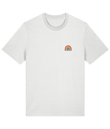 A white t-shirt featuring a colorful pride rainbow printed on the front.