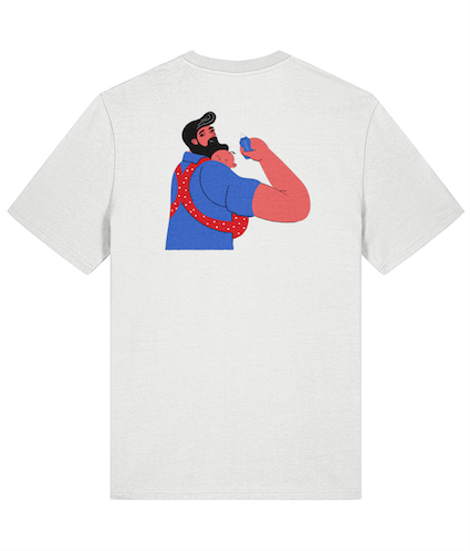 White T-shirt featuring a cartoon man holds a baby in a baby carrier and a baby bottle, showcasing equality in parenting.