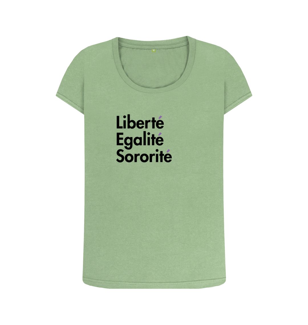 Sage Open Neck Feminist T shirt - Libert\u00e9, Egalit\u00e9, Sororit\u00e9