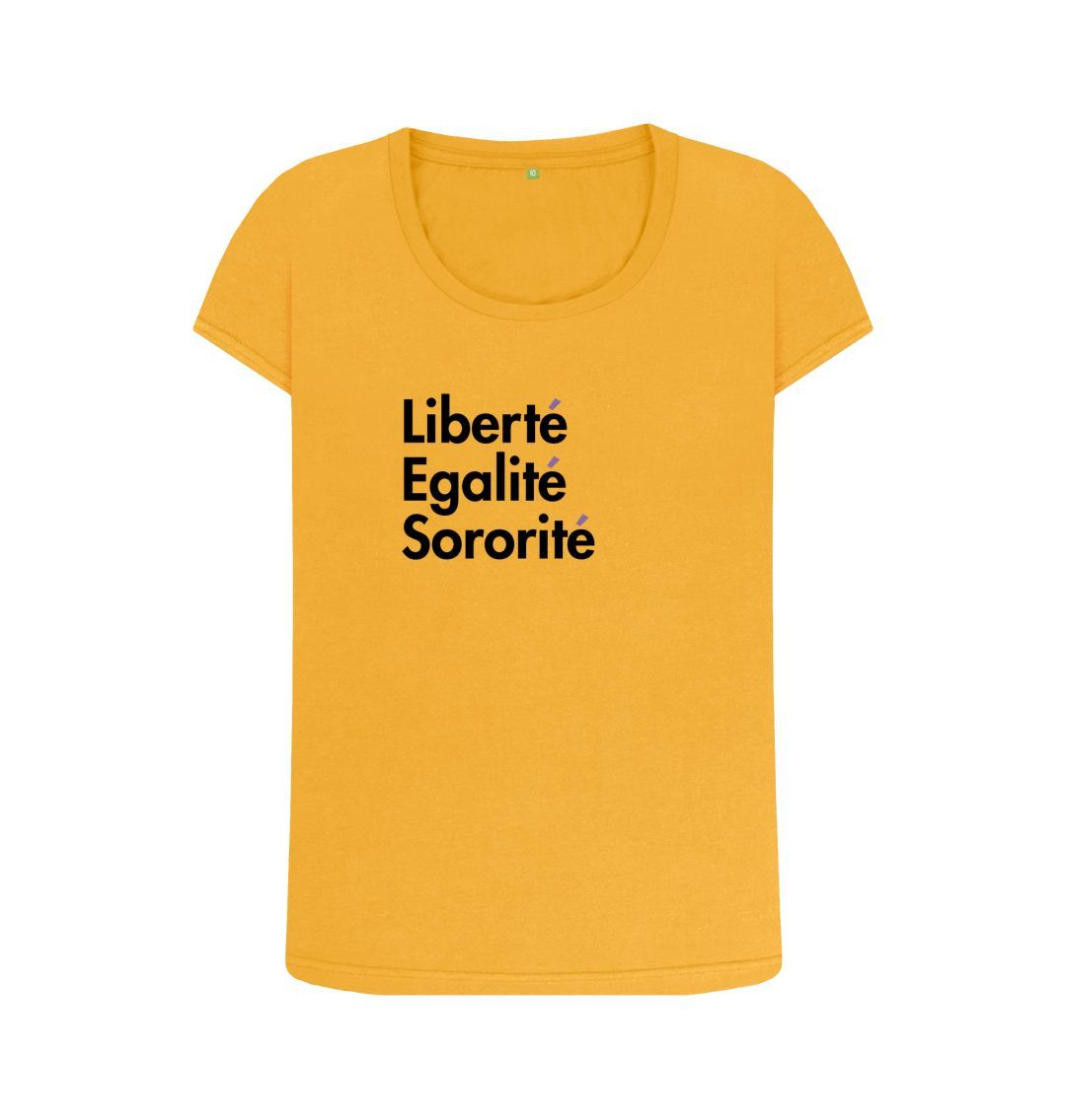 Mustard Open Neck Feminist T shirt - Libert\u00e9, Egalit\u00e9, Sororit\u00e9